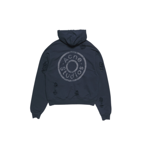 Acne Studios Distressed Logo Hoodie Zip Up Dark Navy