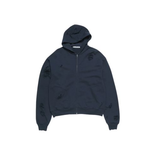Acne Studios Distressed Logo Hoodie Zip Up Dark Navy