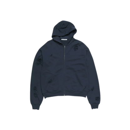 Acne Studios Distressed Logo Hoodie Zip Up Dark Navy