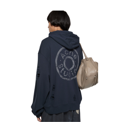 Acne Studios Distressed Logo Hoodie Zip Up Dark Navy